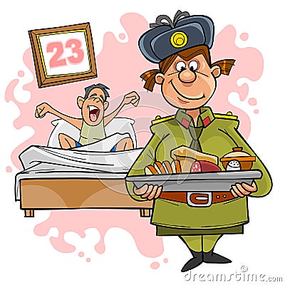 Woman in military uniform with a tray of food and a guy in bed Vector Illustration