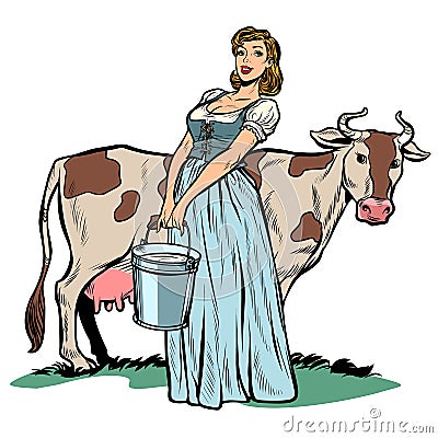 A woman milker cow bucket milk. agriculture village life Vector Illustration