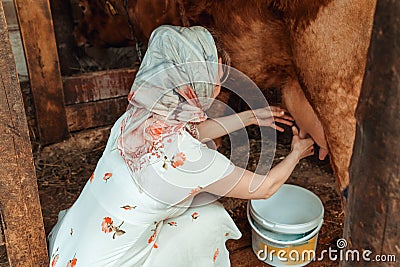 Woman milkmaid milking a cow, farm Stock Photo