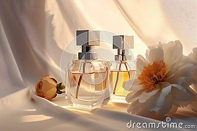 flower woman scent cosmetic odour glass aroma fragrance perfume bottle smell. Generative AI. Stock Photo