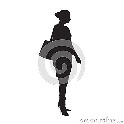 Woman model with shopping handbag standing, side view. Modern fashion style. Isolated vector silhouette Vector Illustration