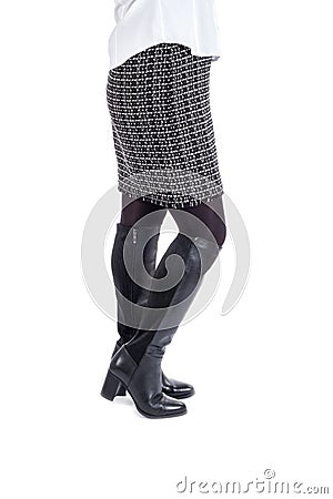 Woman Modeling New Shinny Black Knee High Boots Stock Photo