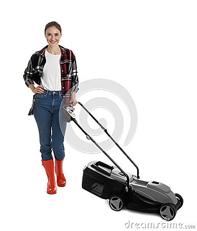 Young woman with modern lawn mower on white background Stock Photo