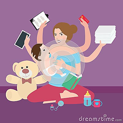 Woman mom multitasking super busy mother with baby working Vector Illustration