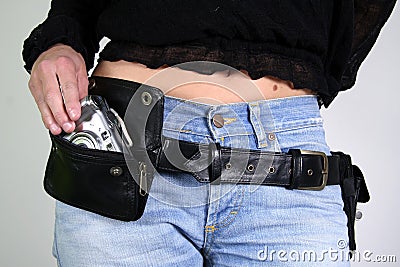 Woman with money belt bag Stock Photo