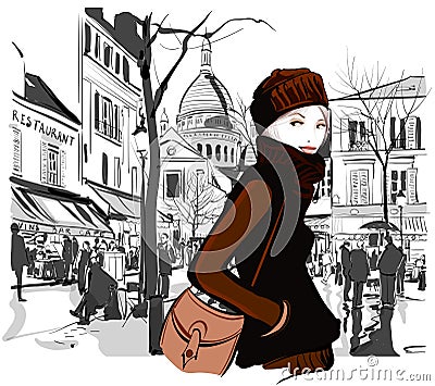 Woman in Montmartre square Vector Illustration