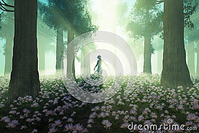 Woman in the morning forest Stock Photo