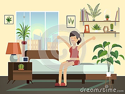 Woman morning. Happy fun young healthy awakening person relax in bed getting up bedroom vector cartoon illustration Vector Illustration