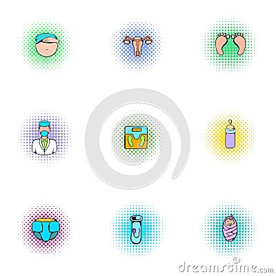 Woman mother icons set, pop-art style Vector Illustration