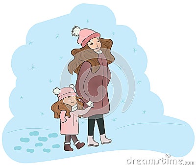 Woman mother walks down street winter, with small girl Vector Illustration