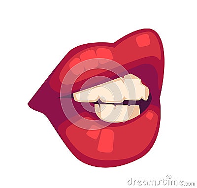 Woman Open Mouth Sensual Plump Lips. Expression of Uncertainty, Worry or Thoughtfulness. Cartoon Vector Illustration Vector Illustration
