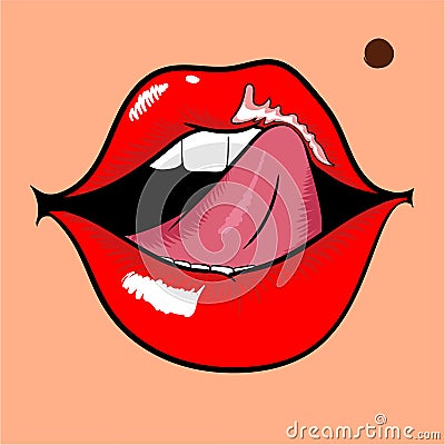 Woman mouth with red lips and licking tongue Vector Illustration