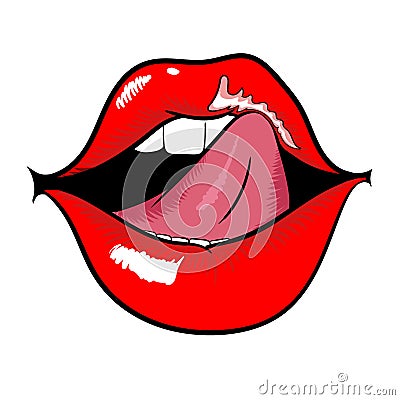 Woman mouth with red lips and licking tongue Vector Illustration