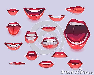 Woman mouth set. Red sexy lips expressing emotions Vector Illustration