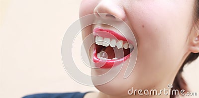 Woman mouth smile with great teeth on background. Stock Photo