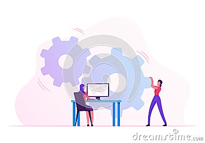 Woman Moving Huge Cogwheels Mechanism with Hands, Businesswoman Sitting at Desk with Computer Managing Process Vector Illustration