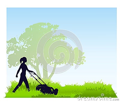 Woman Mowing The Lawn Cartoon Illustration