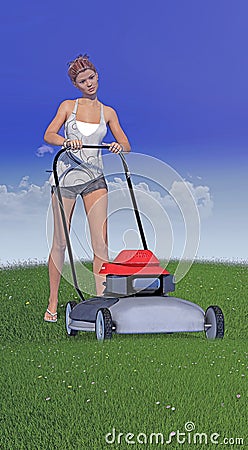 Woman mowing the lawn with lawn mower Stock Photo