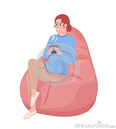 Woman with mug sitting on bean bag semi flat color vector character Vector Illustration