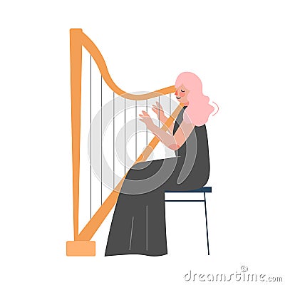 Woman Musician Playing Harp, Classical Music Performer Character with Musical Instrument Flat Style Vector Illustration Vector Illustration