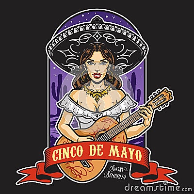 Woman musician in sombrero badge Vector Illustration