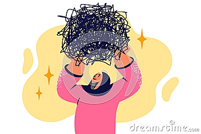 Woman with Muslim headscarf raises ball tangled threads symbolizing intolerance and discrimination Vector Illustration