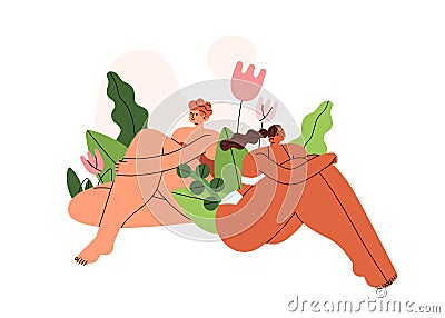 Woman with naked body in underwear. Nude female couple in bikini sitting among flowers in nature. Women health Vector Illustration