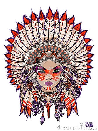 Woman in Native American traditional headdress with feathers coloring retro vector illustration Vector Illustration