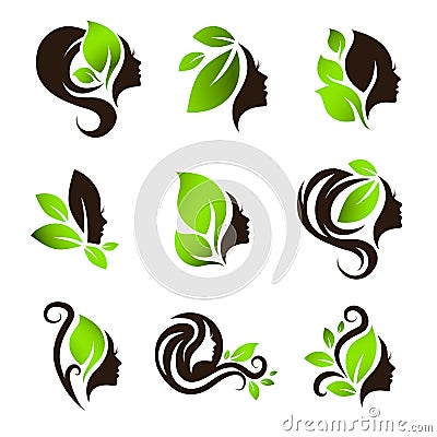 Woman Natural Beauty Hair Spa Salon Logo Design Set Vector Illustration