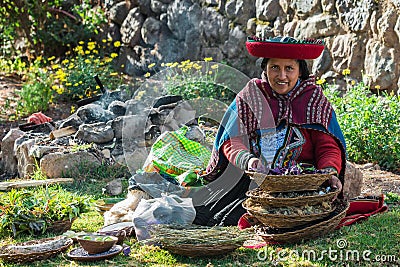 Woman with natural dyes peruvian Andes Cuzco Peru Editorial Stock Photo