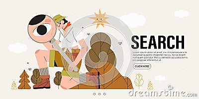 Woman naturalist or scientist looking through magnifying glass or loupe. Business metaphore for search or research. Vector Illustration