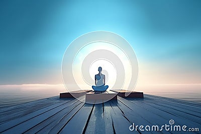 woman wooden ocean yoga sea pose pier lifestyle summer fitness young lotus. Generative AI. Stock Photo