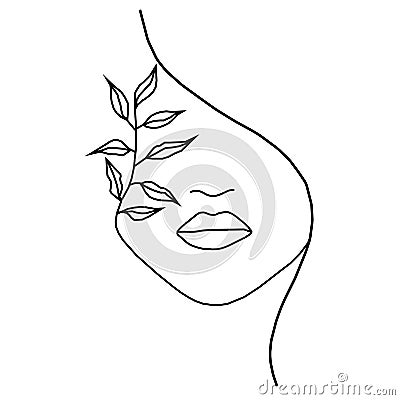 Woman with nature vector line drawing. line illustration. Fashion print logo. Natural cosmetics logo. Vector Illustration