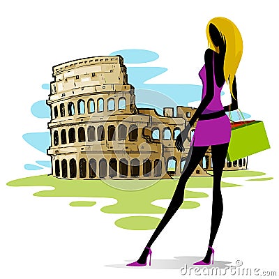 Woman near Colosseum in Rome Vector Illustration