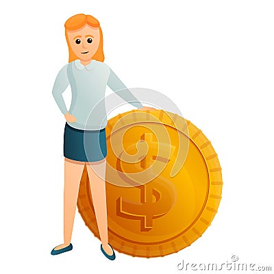 Woman near dollar coin icon, cartoon style Vector Illustration