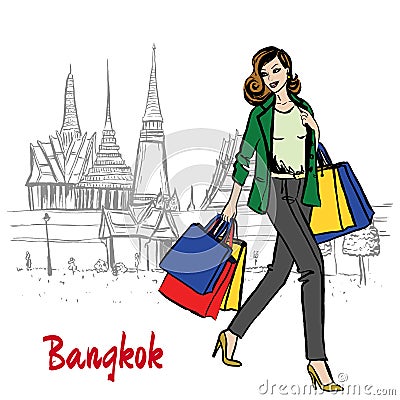 Woman near Grand Palace and Wat Prakeaw Vector Illustration