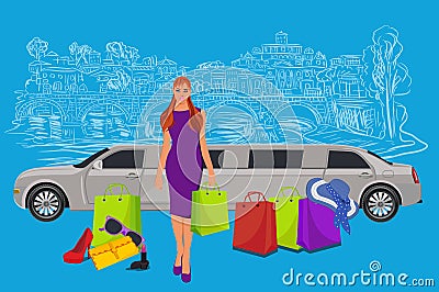 Woman near limousine after shopping, Italy background, vector illustration Vector Illustration