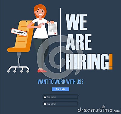 A woman near an office chair with an agreed resume in her hand.. Thumbs up. The inscription you want to work with us. Cartoon Illustration