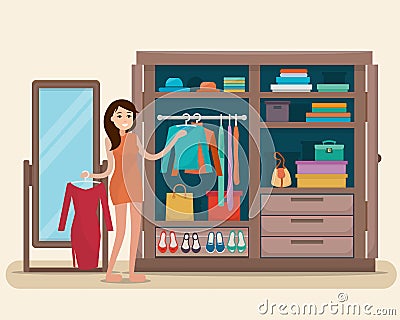 Woman near wardrobe for cloths with mirror. Vector Illustration