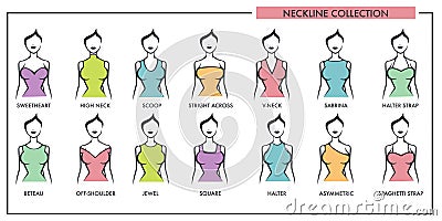 Woman neckline type models collection vector female dress necklines style isolated cons Vector Illustration