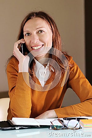 Telework woman negotiating with the client over the phone Stock Photo