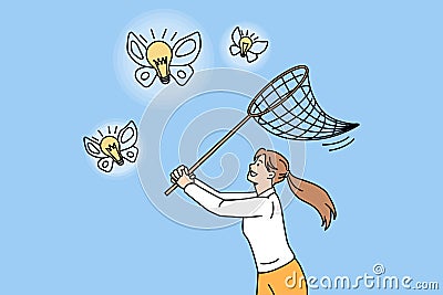 Woman with net catch butterfly light bulbs Vector Illustration
