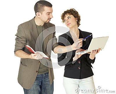 Woman with netbooks and man with notebook Stock Photo