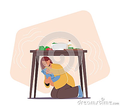 Woman With Newborn Baby Seeks Shelter Under Table During Earthquake, Protecting Herself And Child From Falling Debris Vector Illustration