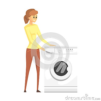 Woman Next To Washing Machine, Department Store Shopping For Domestic Equipment And Electronic Objects For Home Vector Illustration