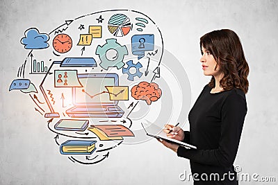 Woman with notebook and her business idea Stock Photo