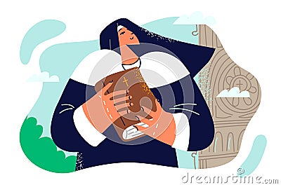 Woman nun with bible stands near cathedral and invites parishioners to attend sunday worship Vector Illustration