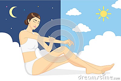 Woman nurture skin at day and night. Vector Illustration