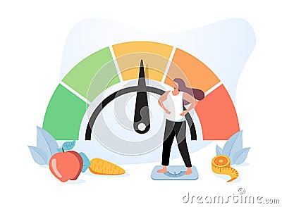 Woman and obese chart scales isolated flat vector illustration. Cartoon person on diet trying weight control with BMI Vector Illustration