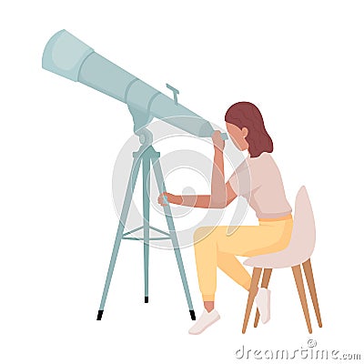 Woman observing celestial bodies semi flat color vector character Vector Illustration